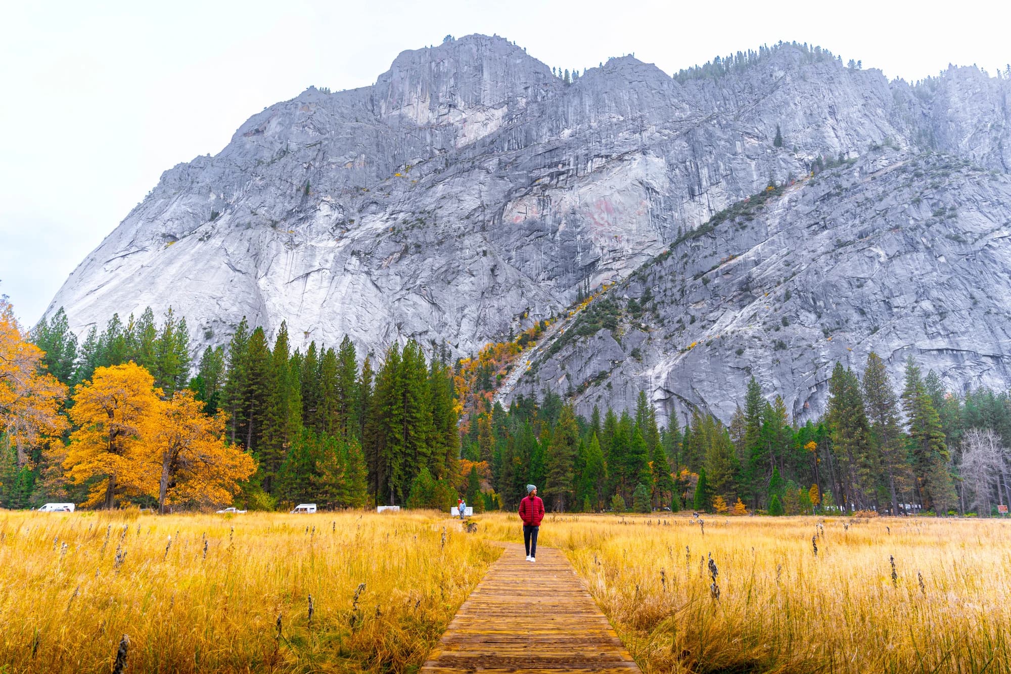 Cam walking a boardwalk through a golden meadow beneath granite walls